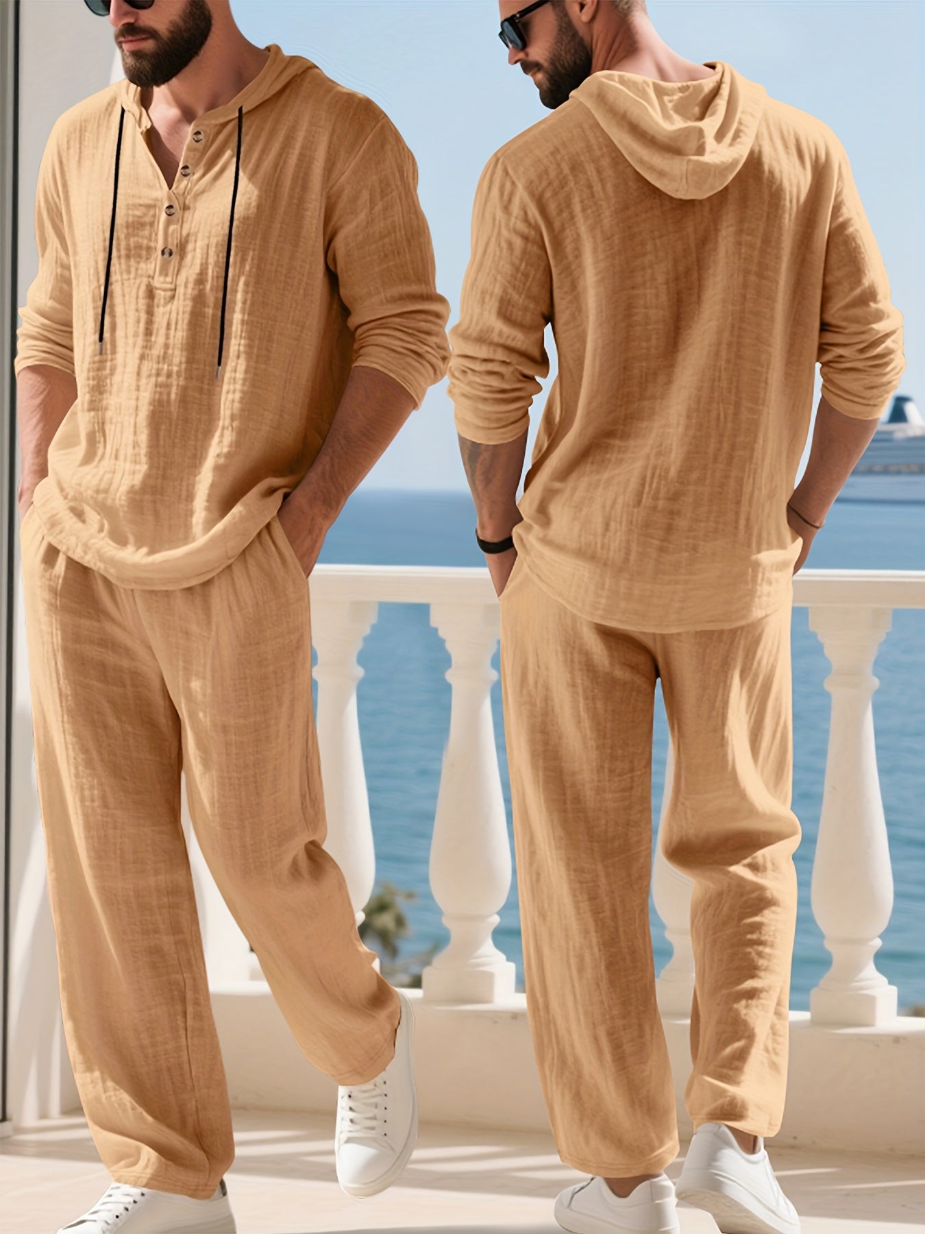 Mens Hooded Henley Shirt And Pants Set American Style Casual