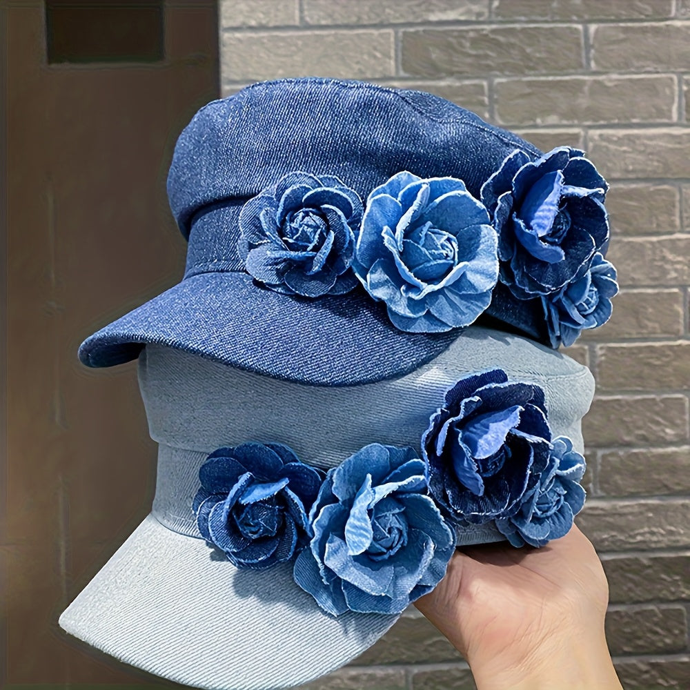 BODERI Women'S Denim Beret with Blue Roses - Lightweight, Elastic Fit for Outdoor Activities, Parties, and Casual Attire, Casual Headwear | Floral Embellished Beret | Texture Beret