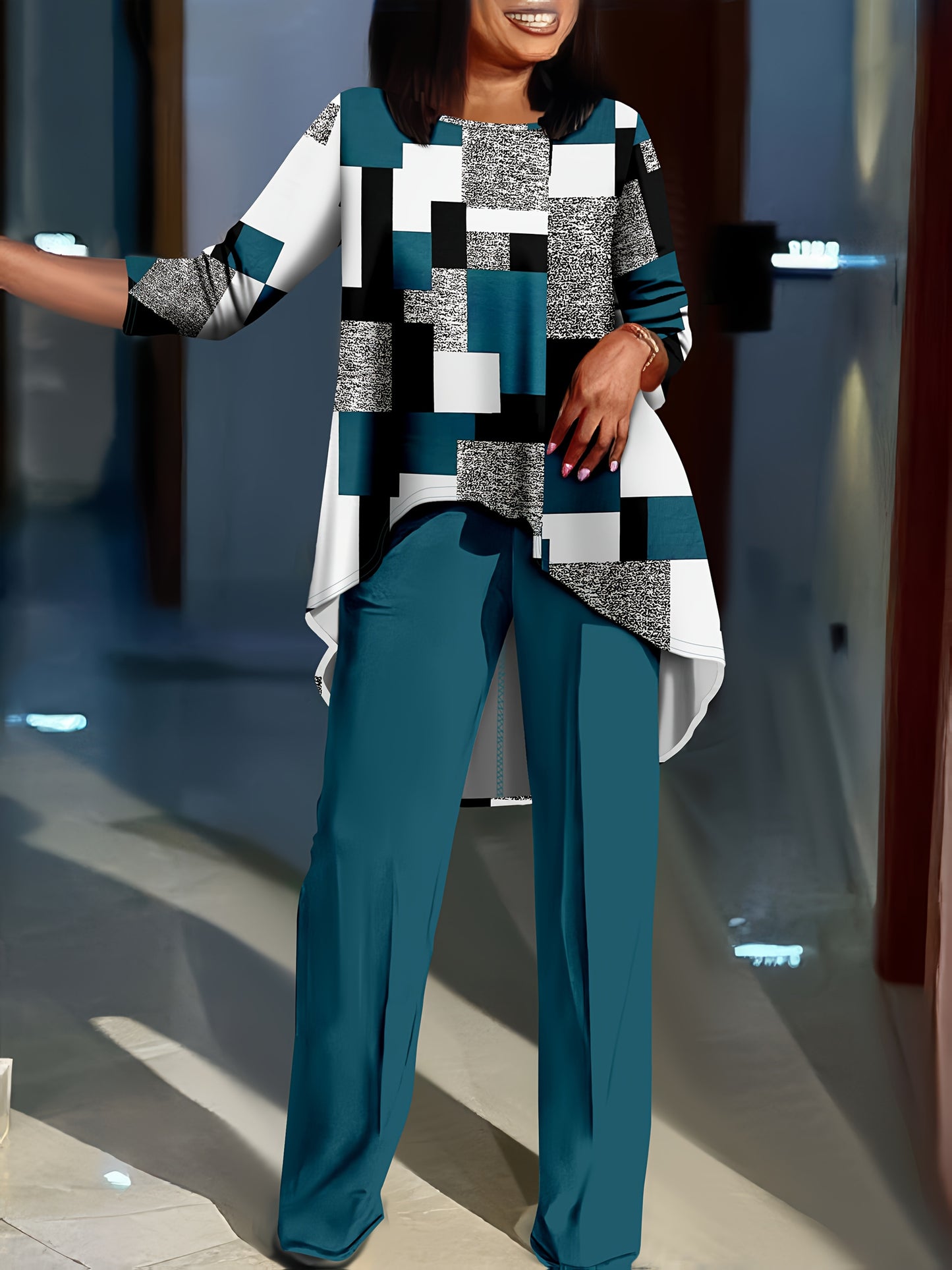 Geometric Print Long Sleeve Top And Solid Two-Piece Set