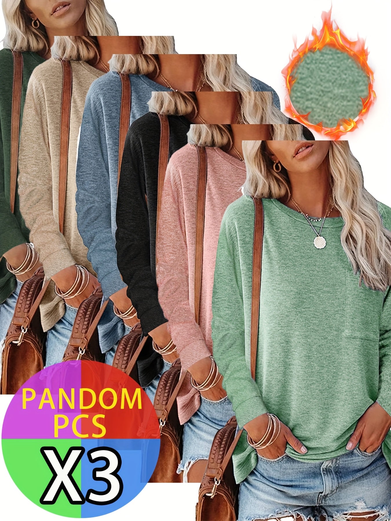 Three Pack Women's Autumn Winter Long Sleeve Pocket T Shirts