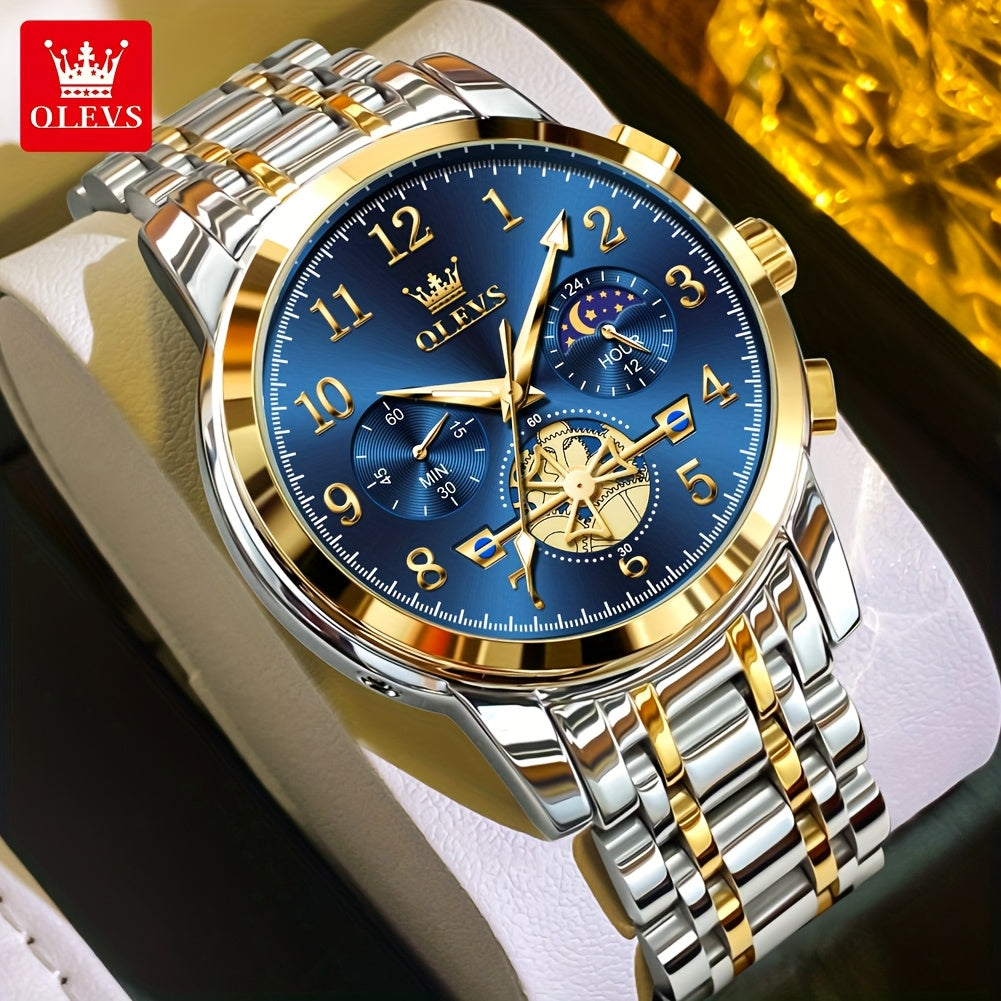 OLEVS Men's Luxury Quartz Watch Stainless Steel Moon Phase Chronograph
