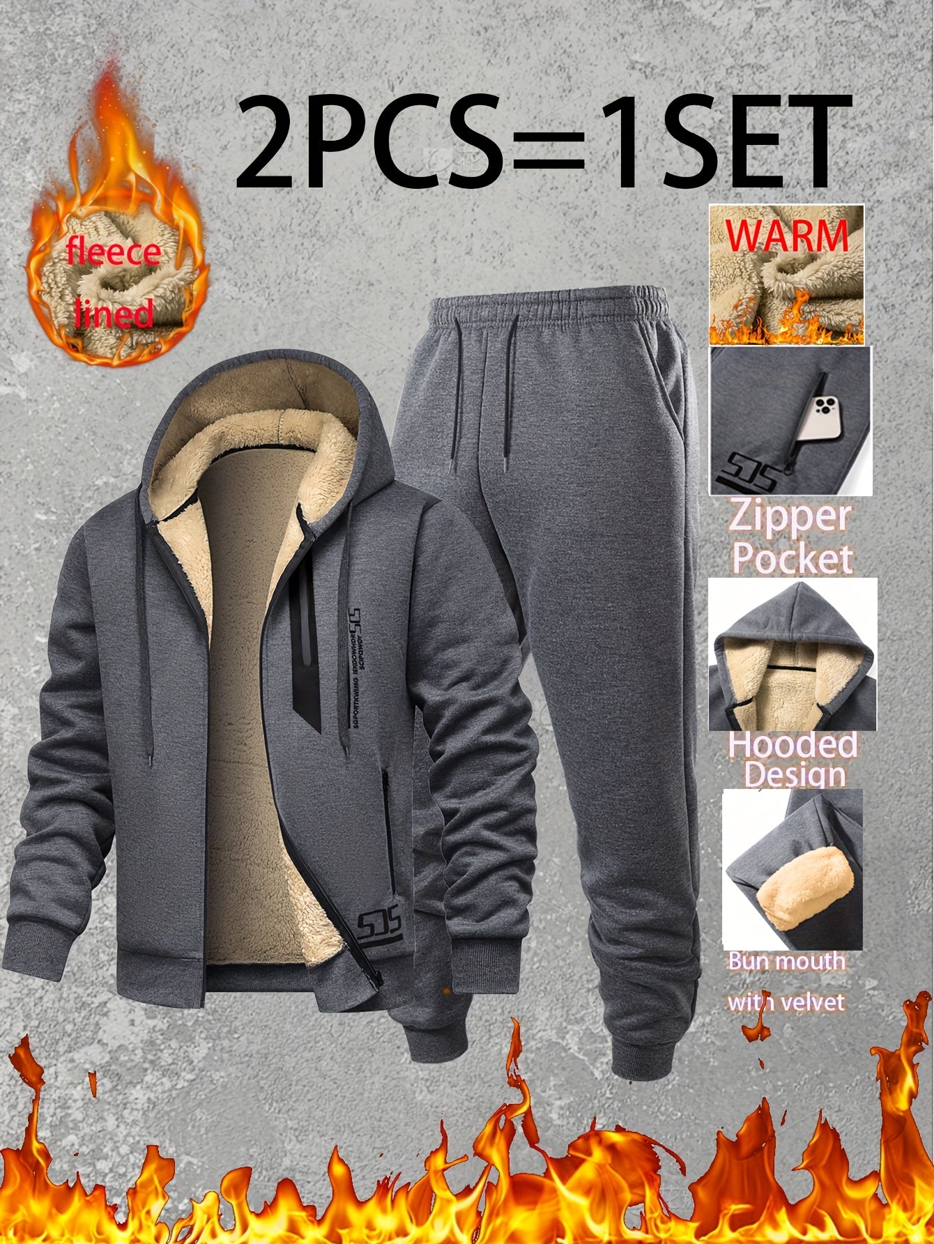 Men Thermal Fleece Jacket Set 2 Piece Full Zip Hooded Jacket And Jogger Pants