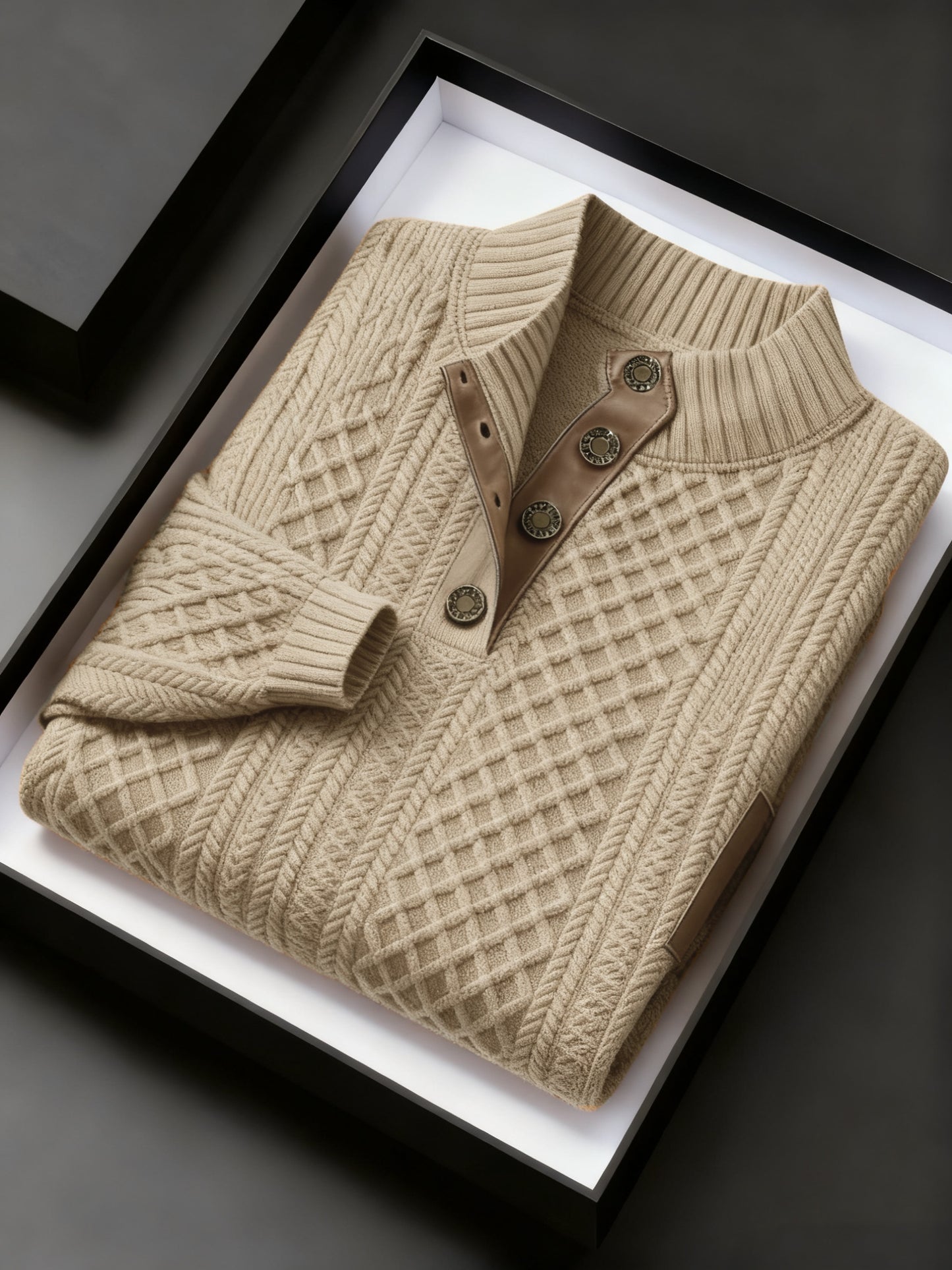 Men Jacquard Knit Stand Collar Sweater With Button Closure