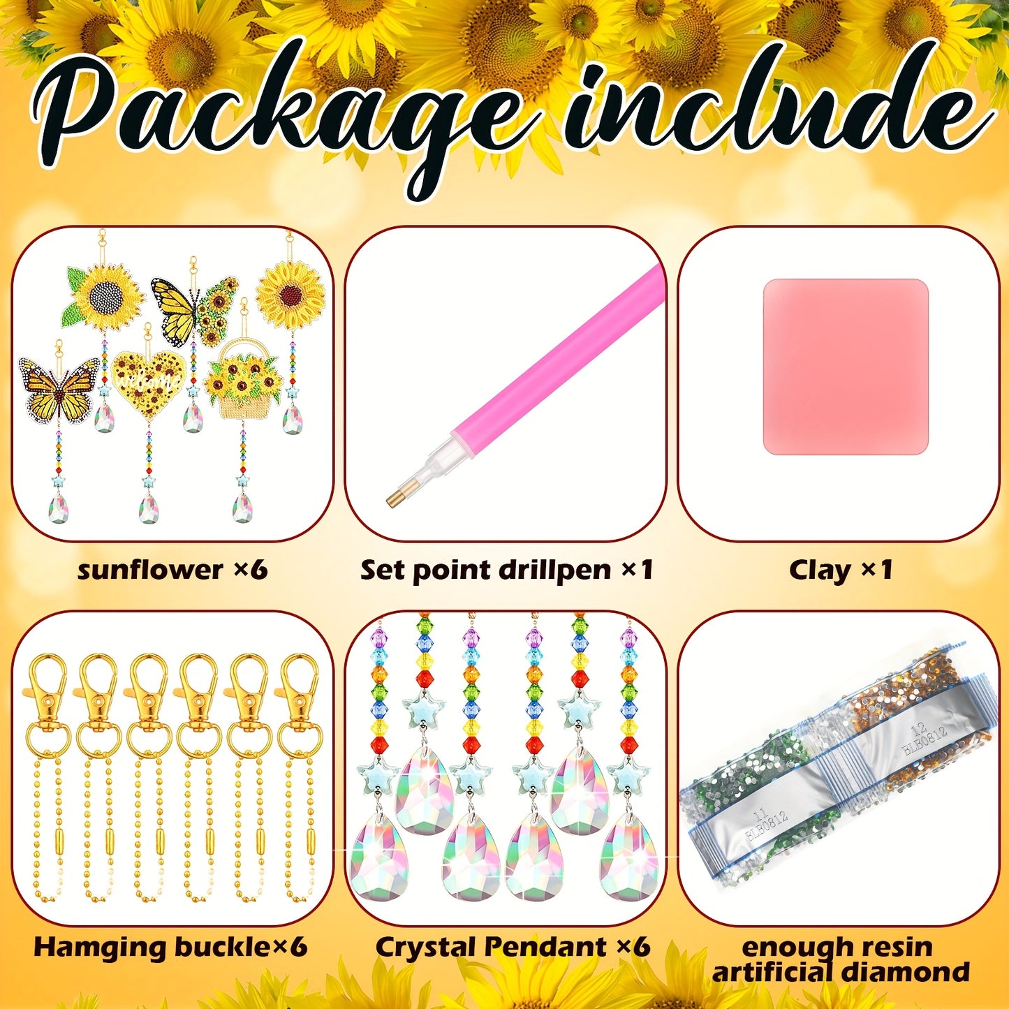CHUANGDI 6pcs Diamond Art Kits Sunflower Wind Chimes Suncatchers
