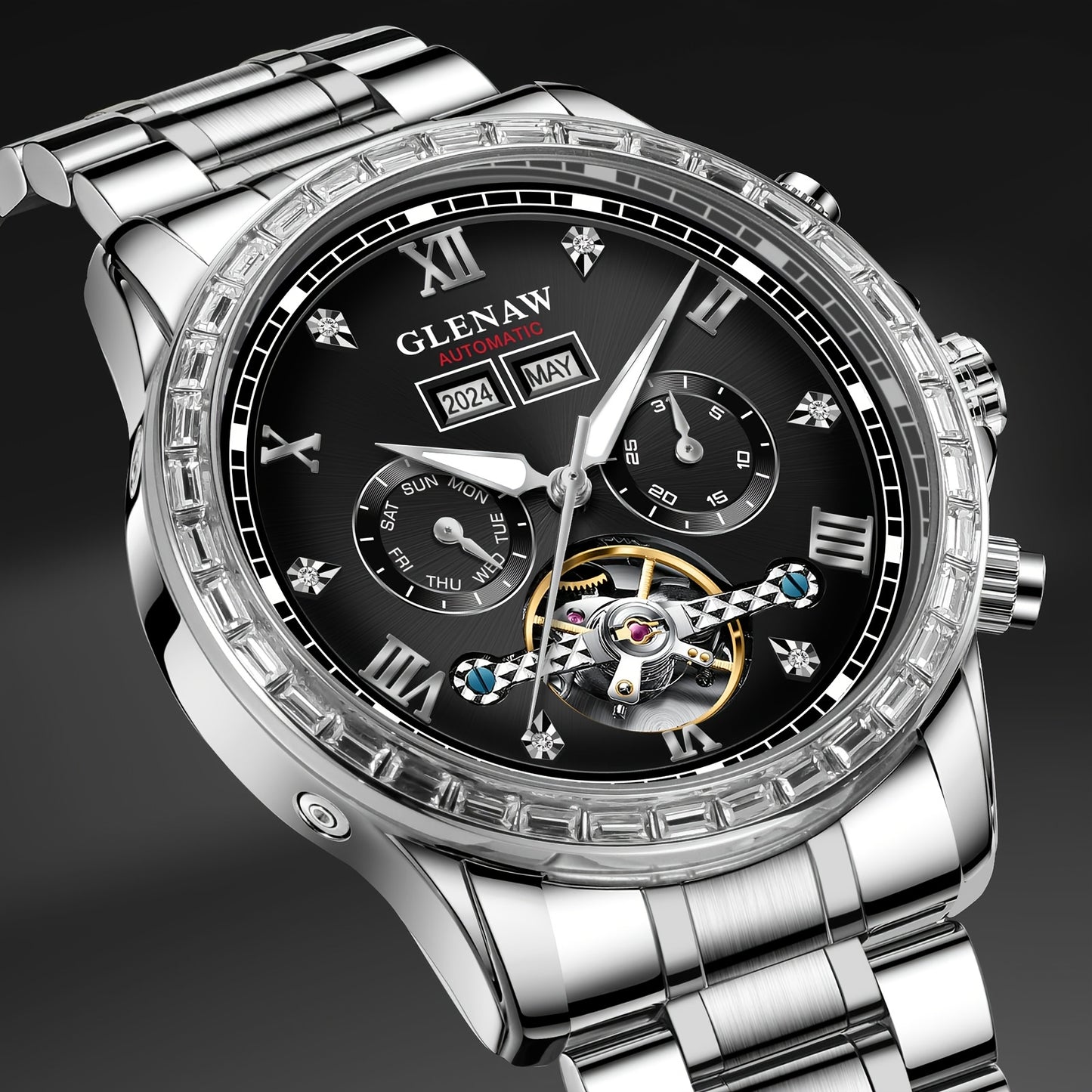 GLENAW Mens Automatic Mechanical Watch Stainless Steel Date Display