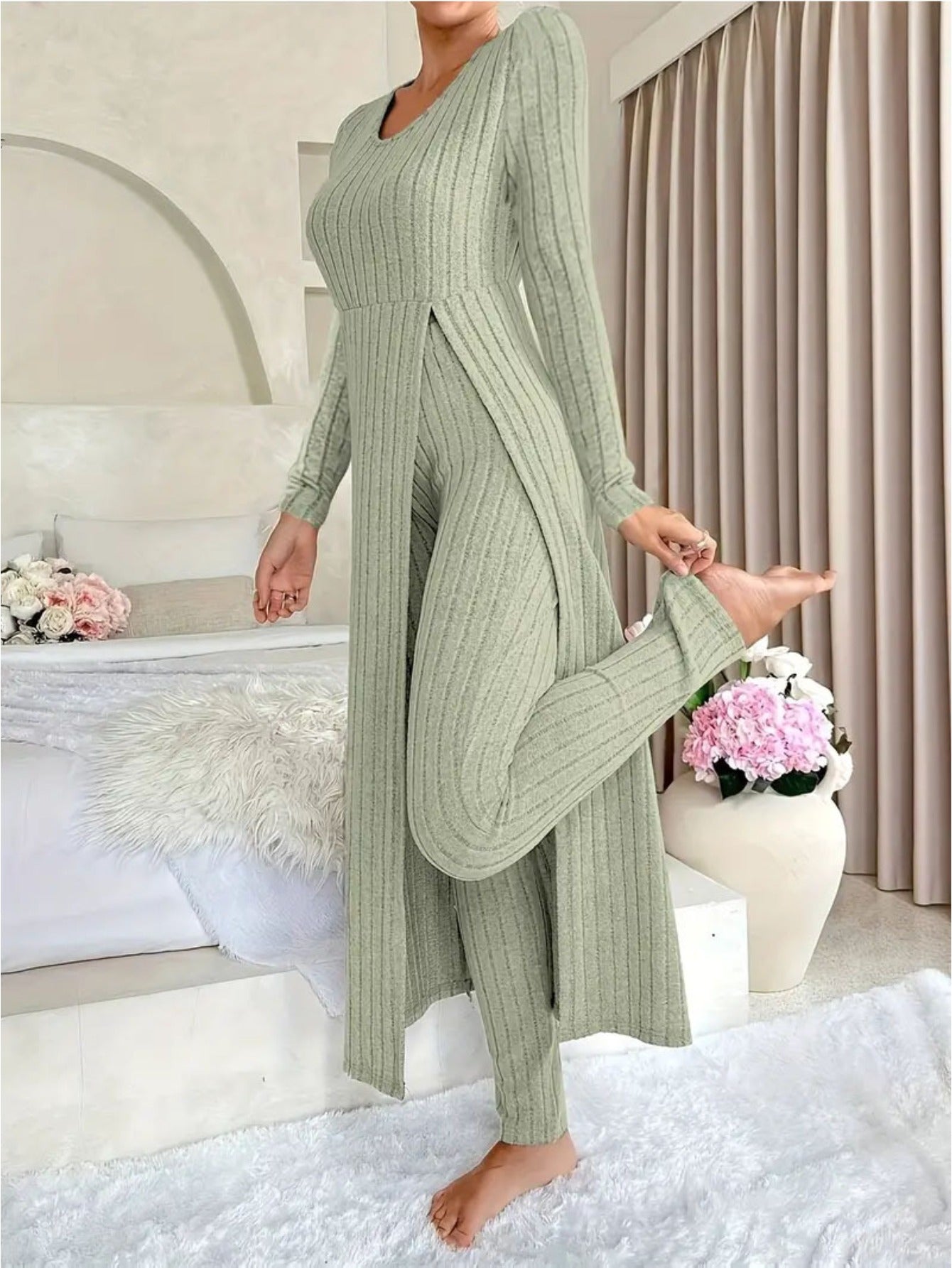 MORA QUIET Womens Fleece Two Piece Set Lounge Outfit With Wide Leg Pants