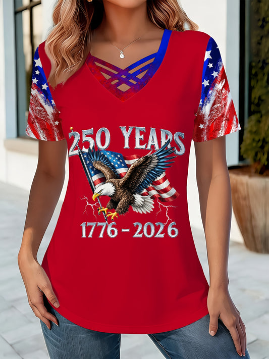 250 Years Anniversary Women's Trendy Full Print 250 Years Eagle V-neck T-shirt, 1776-2026 USA Flag Tee, for Semiquincentennial & Patriotic Gatherings T-shirt, Perfect for Daily Leisure Gifting & National Events Top