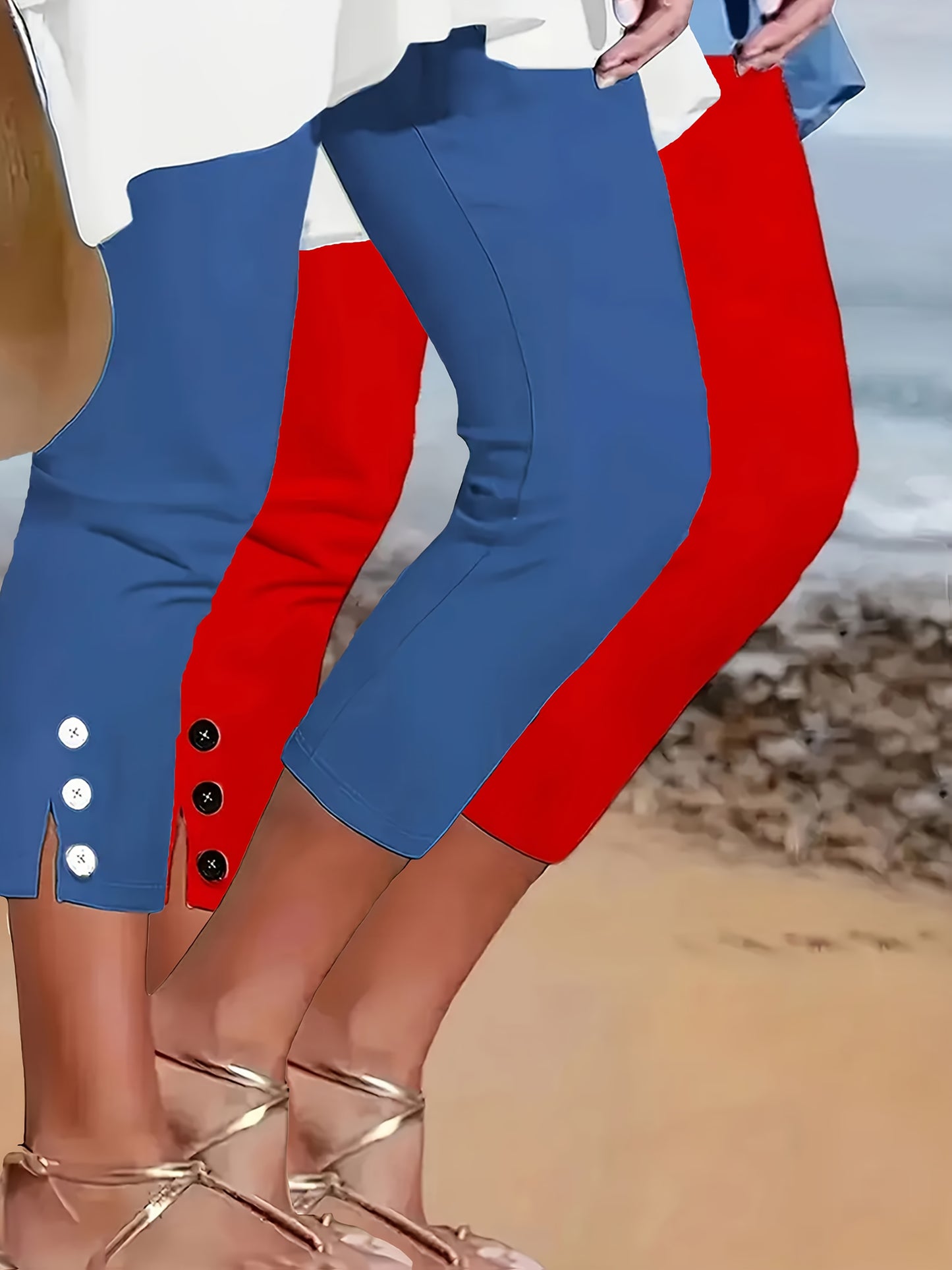 Two Pack Women's Slim Fit Capri Leggings With Button Detail