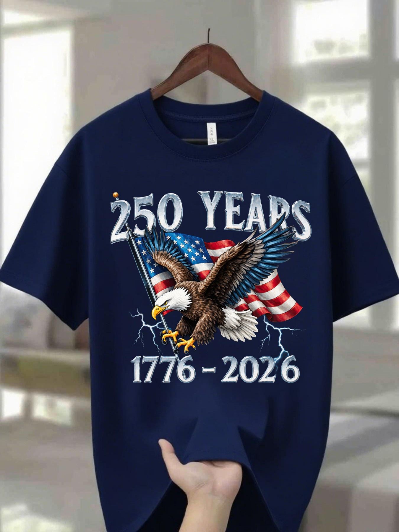 Navy Blue 100% Men's Round Neck T-Shirt with Eagle Pattern| 250 Years 1776- 2026 United States Flag Design, Ideal for Thanksgiving, Christmas, Summer, and Casual Attire, Men's Casual Comfortable T-Shirt