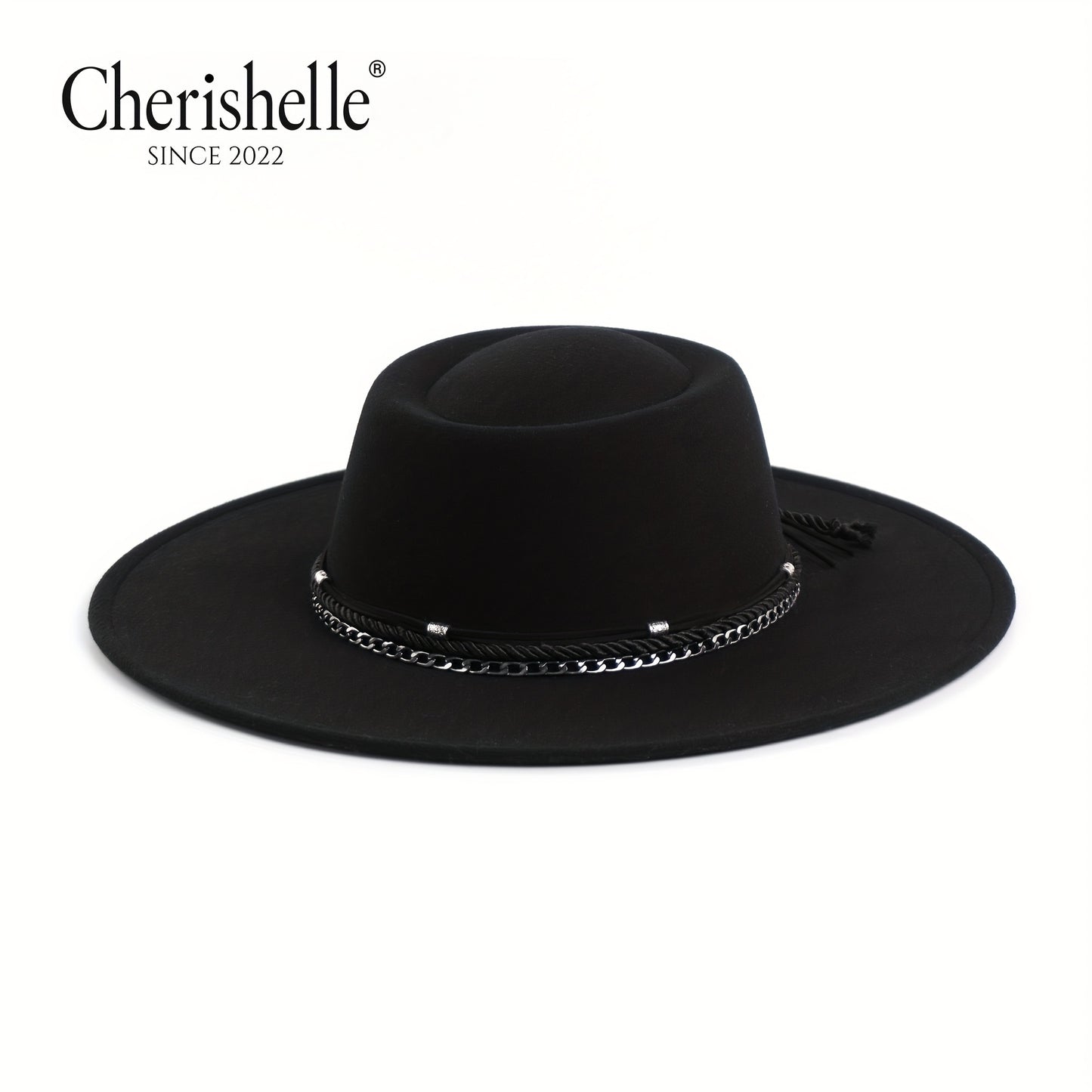 Fashionable Wide-Brim Women's Fedora Hat with Silvery Chain, Dome-Topped Felt Hat, 9.5cm Wide Brim Punk Rock Style Jazz Hat, Thickened Stylish Top Hat