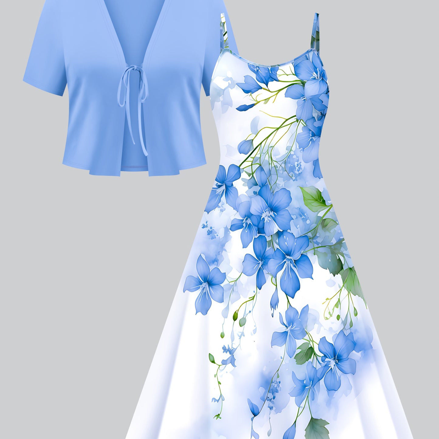 Elegant Women's Two-Piece Set Lace Up Top And Floral Dress