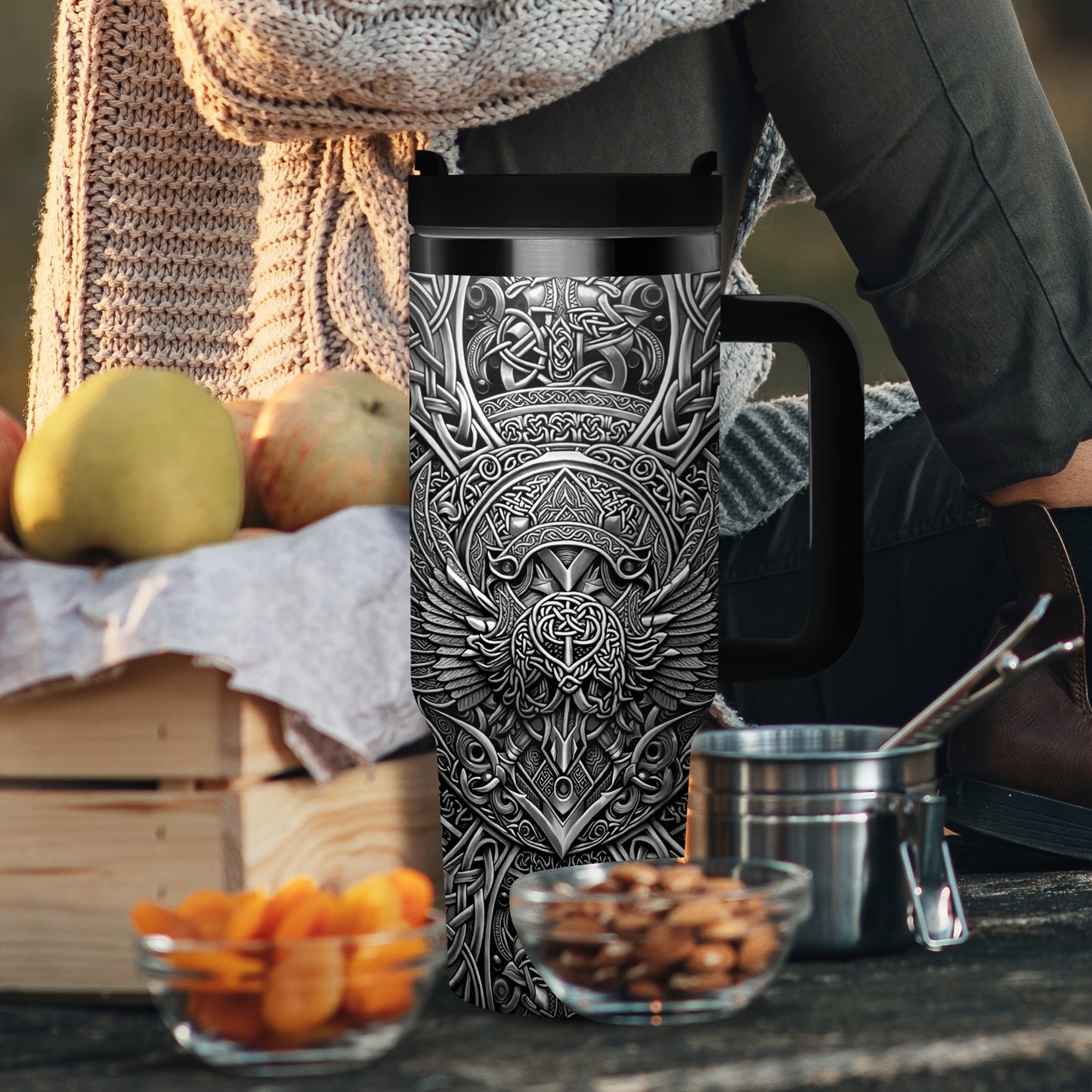 Viking Themed Stainless Steel Insulated Tumbler With Wolf Celtic Knot