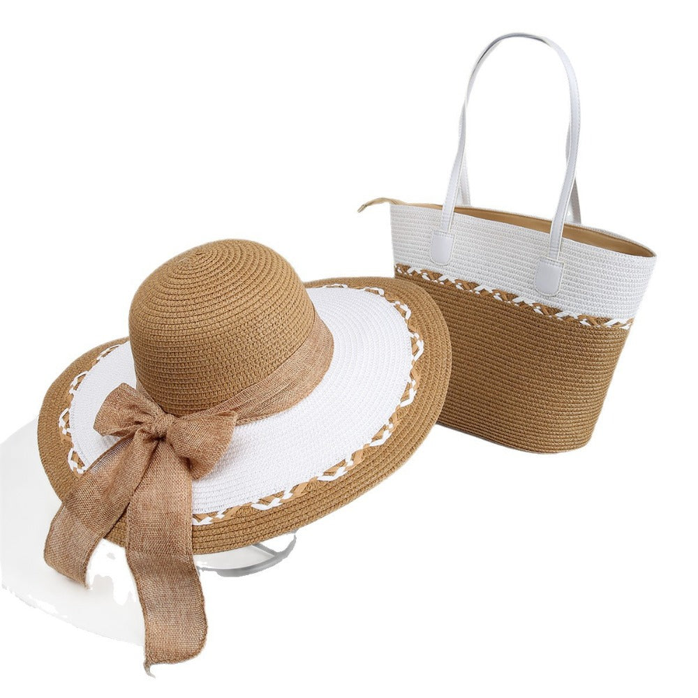 Hand- Straw Hat and Bag Set for Women, Beach Vacation Sun Hat Visor Hat