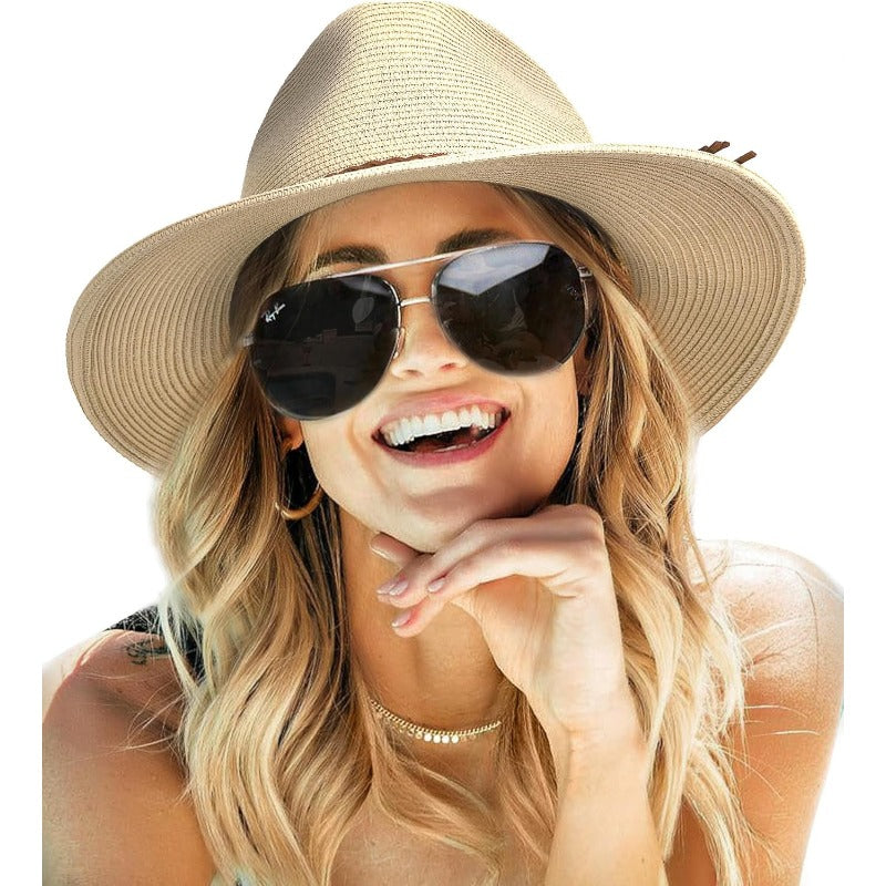 Sun Hats for Women Summer Wide Brim 80+ Panama Fedora Foldable Packable Straw Beach Hat