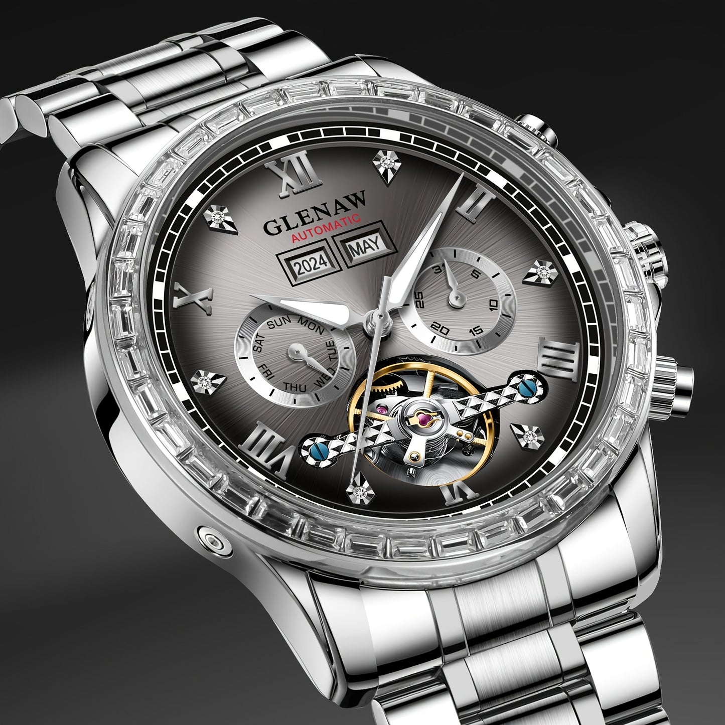 GLENAW Mens Automatic Mechanical Watch Stainless Steel Date Display