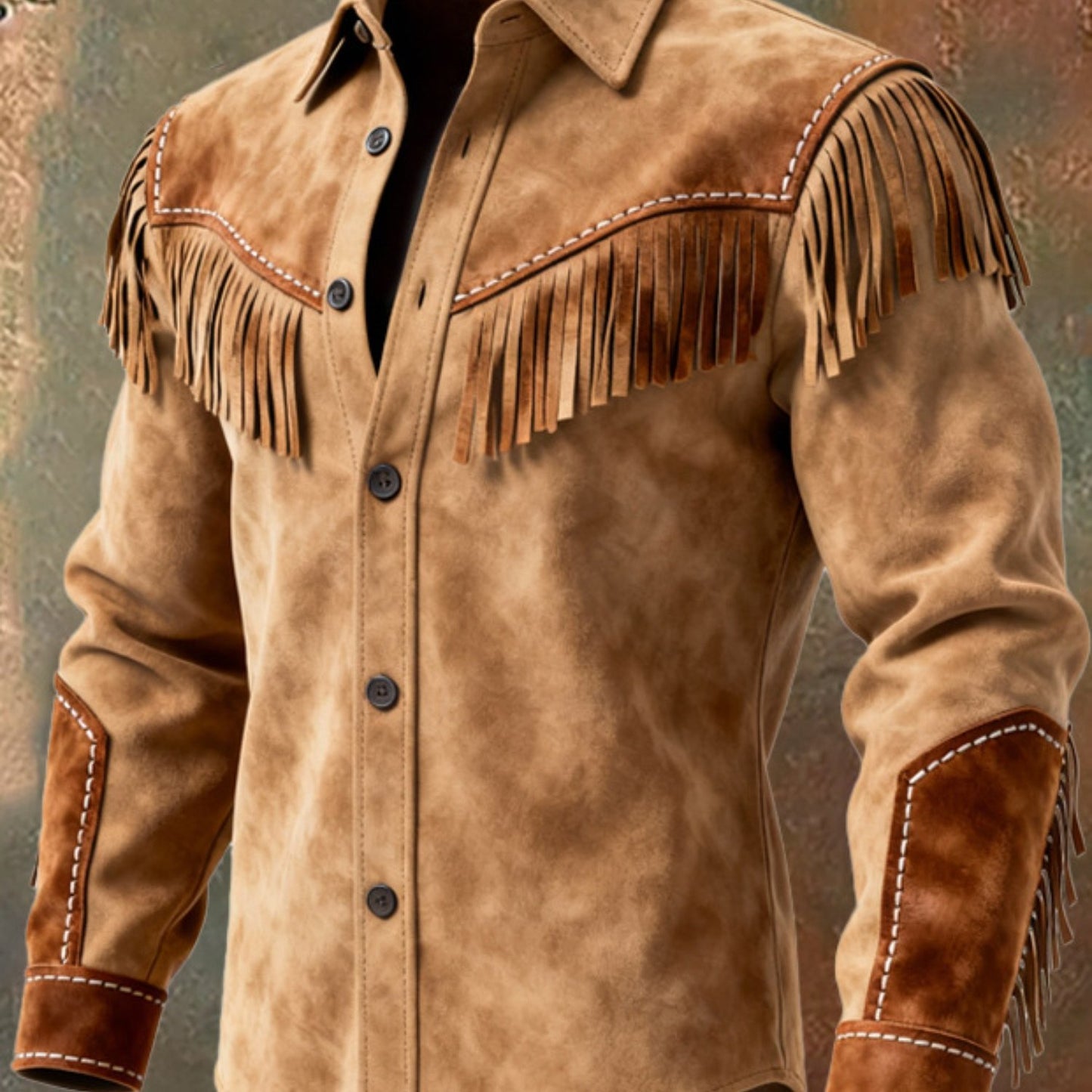 Men's Retro Brown Shirt Jacket With Fringe And Western Style