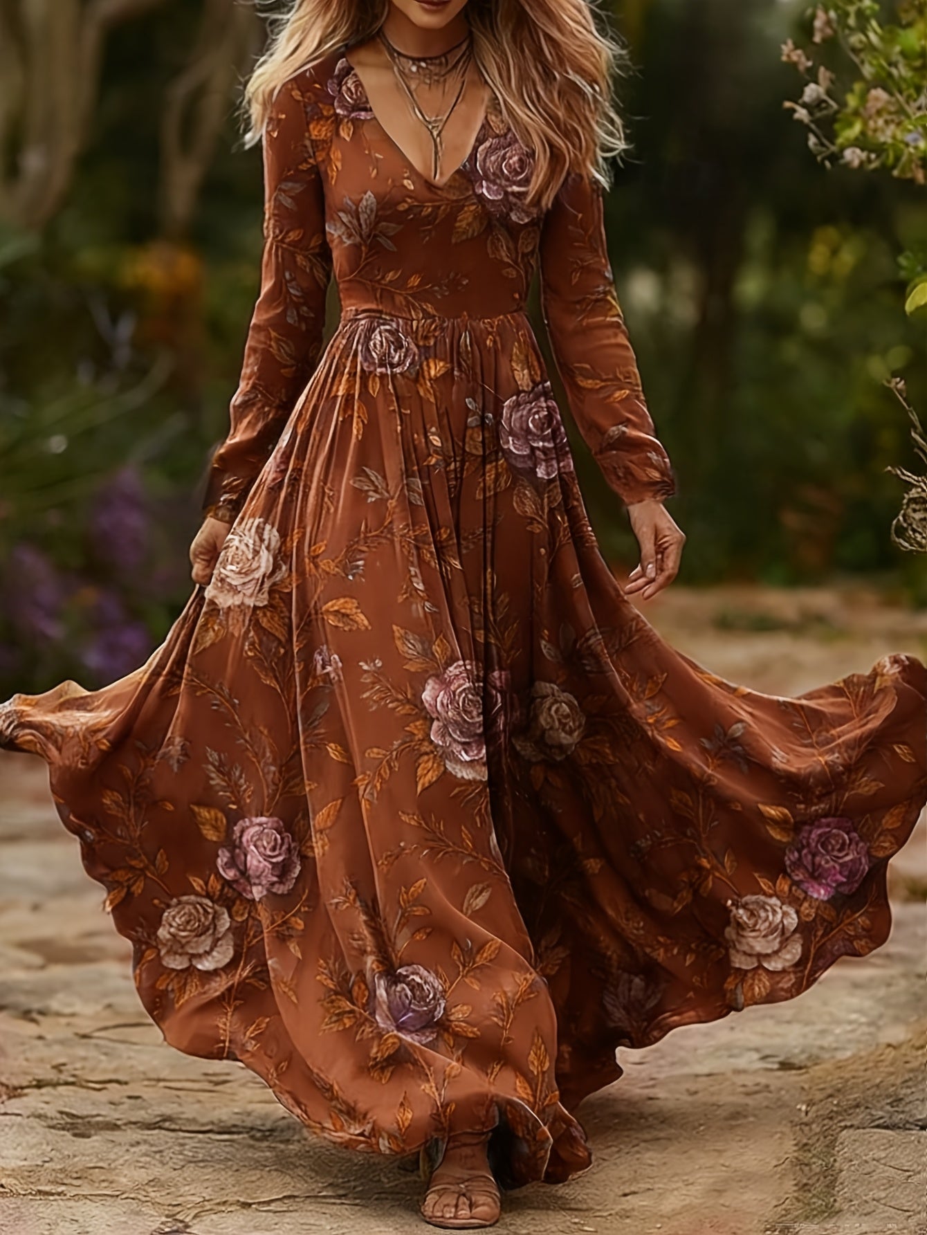 CIUM Elegant Flower Print Maxi Dress Long Sleeve V Neck